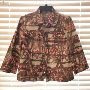 Chico’s Denim Jacket Tan, White, Orange, Pink and Green Print Size 0 / Small NWT